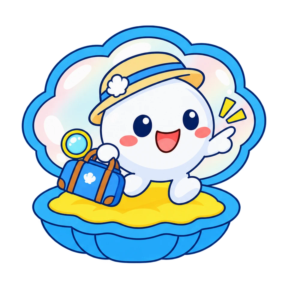 旅行バッグを持って三重へ出発するアコヤちゃん