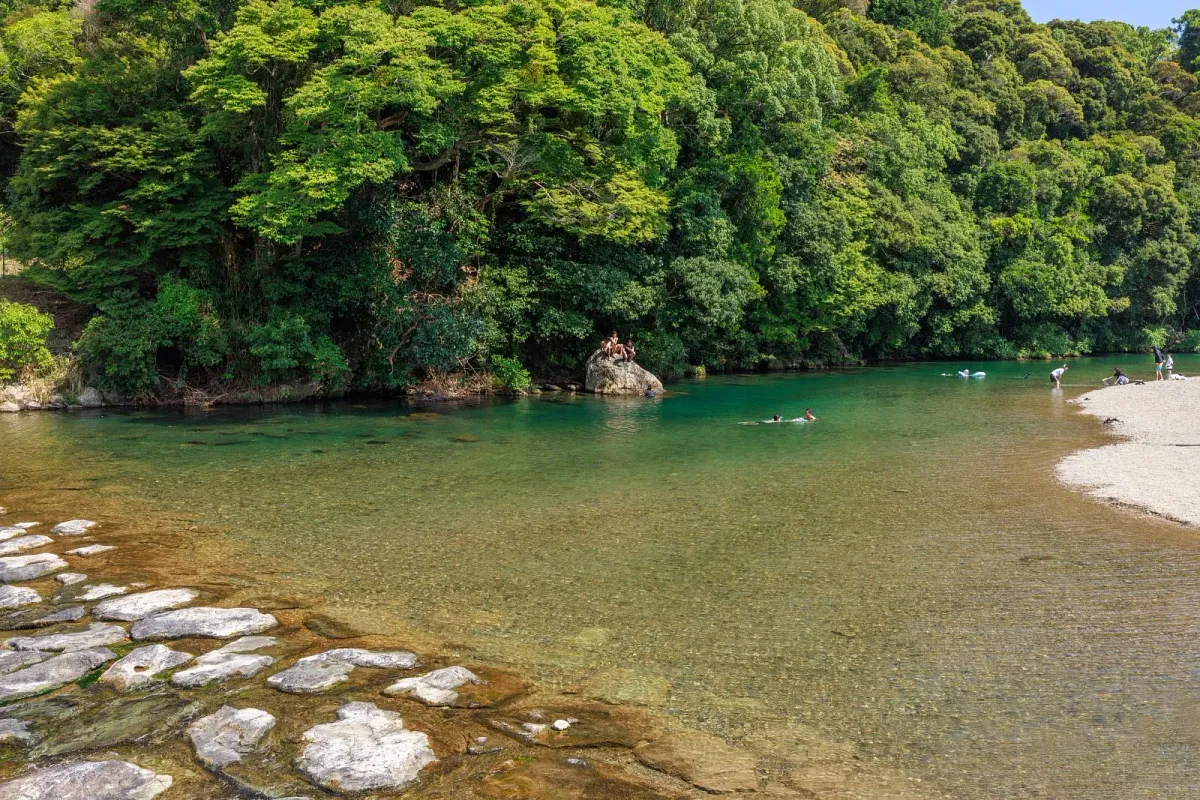 夏の五十鈴川で涼む人々