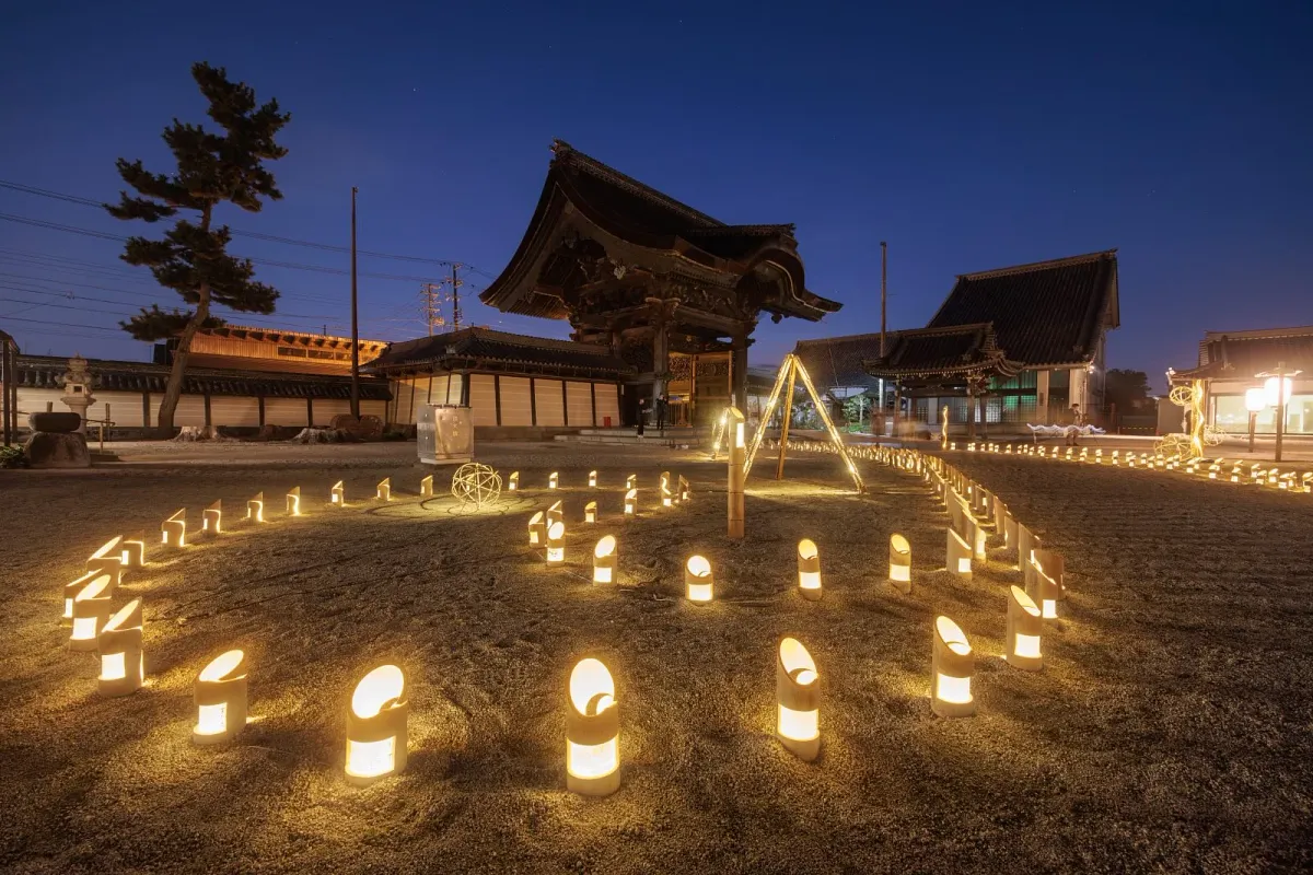 竹あかりに照らされた高田本山専修寺山門